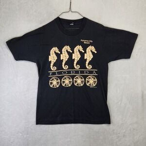 Vintage Screen Stars Panama City Beach Florida Seahorse T-Shirt Black Mens L